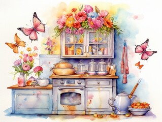 2D watercolor A whimsical kitchen where magical utensils bake a cake that spells "Happy Mother's Day" in icing flowers as butterflies flutter around, watercolor illustration,