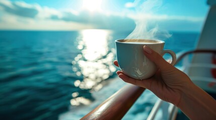 Close-up view of a hand holding a steaming hot coffee on a boat.