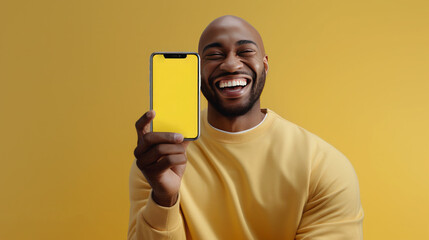 Smiling black man holding smartphone screen on yellow pastel background.