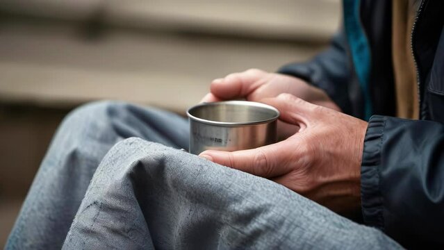 Close-up of metal mug in hands of homeless man. Unrecognizable thin beggar waits for alms during street life.