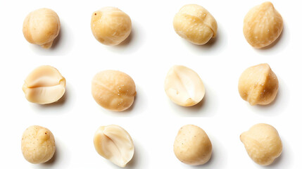 Top view of a collection of fresh macadamia nuts isolated on a white background, displaying both whole and shelled macadamias to highlight the smooth, creamy texture and rich, buttery flavor of these  - obrazy, fototapety, plakaty