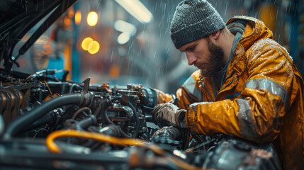 Mechanic working on a car engine.