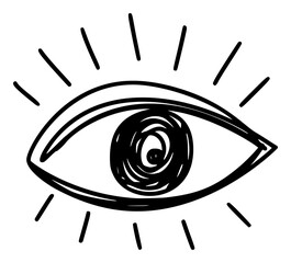 Hand drawn eye icon in simple doodle style. Open black eye with lines. Monochrome design