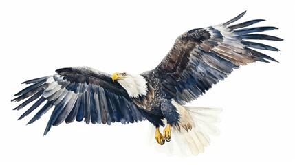 A bald eagle flying in sky in wild. Watercolor art drawing.