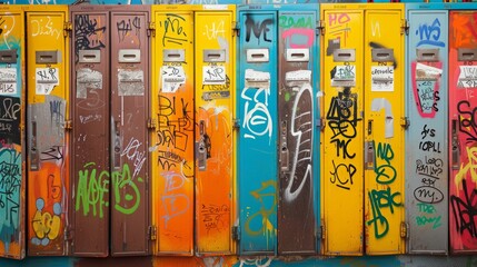 Colorful lockers adorned with unique graffiti stickers and personal touches, showcasing...