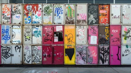 Multiple doors in a row with colorful graffiti designs and tags, showcasing urban street art on...