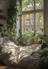 Bedroom with plants by window, creating a cozy, natural atmosphere