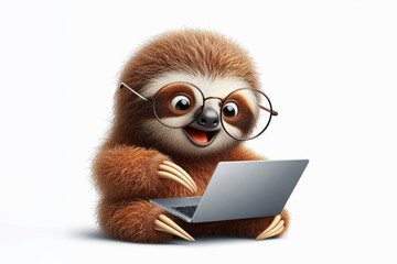 Sloth in glasses with laptop