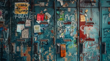 Closeup of a bunch of lockers covered in a variety of graffiti stickers and handwritten notes,...