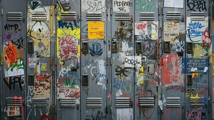 Closeup of numerous lockers adorned with various graffiti stickers and handwritten notes,...