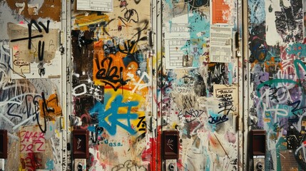 A wall covered in colorful graffiti next to a phone booth in an urban setting, showcasing a variety...