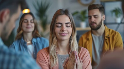 Group of employees sitting in a circle, earnestly holding hands and engaging in a mindfulness exercise in an active office setting - obrazy, fototapety, plakaty