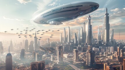 A futuristic city with sleek buildings and advanced design elements. A flying saucer hovers in the sky, adding a touch of sci-fi to the urban landscape