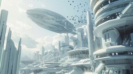 Closeup view of a futuristic city showcasing tall buildings with sleek lines and futuristic design...