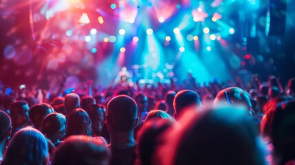 A large crowd of enthusiastic concertgoers, faces lit up with joy, seen from the stage overlooking...