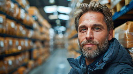 Portrait of handsome man looking at camera in warehouse. This is a freight transportation and distribution warehouse. Industrial and industrial workers concept