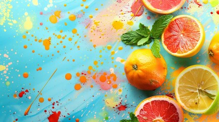 Multiple oranges are placed on top of a blue table - Powered by Adobe