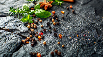 Fresh herbs and spices on stone background. Top view with copy space
