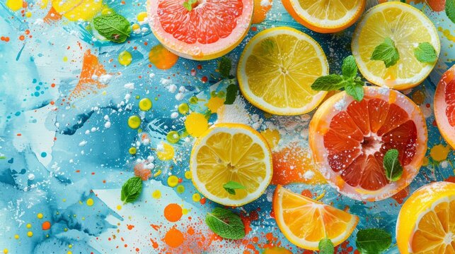 A variety of oranges and lemons arranged neatly on a table with a hint of mint leaves, set against a paint splattered background