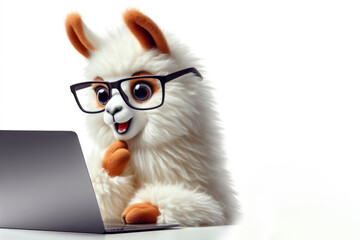 Naklejka premium llama with glasses and a surprised look on her face is looking at a laptop on white background