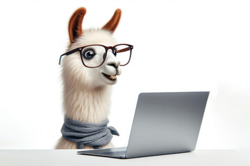 Fototapeta premium llama with glasses and a surprised look on her face is looking at a laptop on white background
