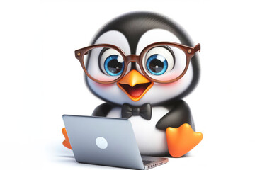 Penguin with glasses and a surprised look on his face is looking at a laptop on white background
