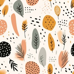 Seamless pattern of various shapes on a pale beige background. Minimalist and abstract shapes, light pink and dark bronze. Paint strokes