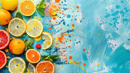 Group of oranges, lemons, and raspberries arranged on a blue canvas with fresh mint leaves,...