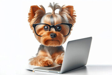 Yorkshire Terrier dog with glasses and a surprised look on his face is looking at a laptop on white background