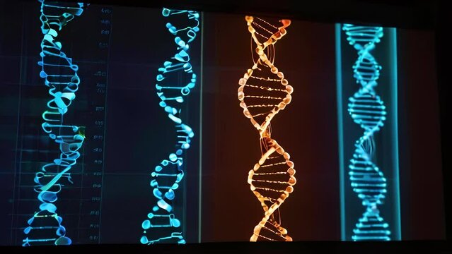 Various structures of glowing double helix DNA strands on dark screen. Study of human genome and biotechnological experiments.