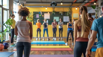 A group of employees follow a fitness instructors demonstration of yoga poses in a gym