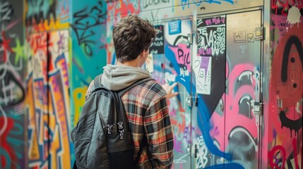 A man is standing in front of a wall covered in colorful graffiti, looking at the vibrant street art