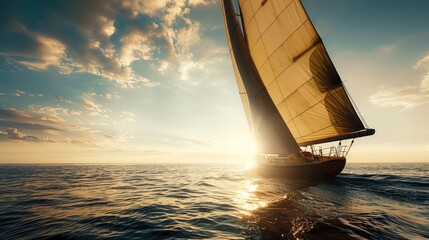 A sailboat glides swiftly through the water, displaying its sleek lines and elegant silhouette - obrazy, fototapety, plakaty
