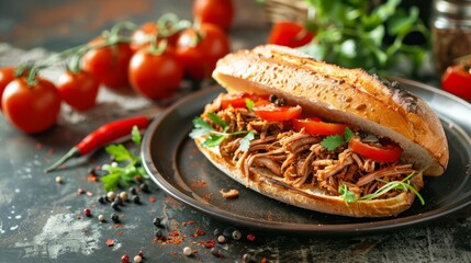 Side angle view of a pulled pork sandwich elegantly presented on a black plate, accompanied by a cluster of OtcrX - Powered by Adobe