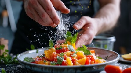 A chefs hands sprinkle seasoning on a plate of food, adding flavor to a colorful salad with mint leaves - Powered by Adobe