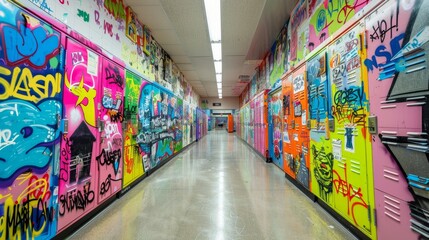 A long hallway filled with colorful graffiti covering the walls and lockers, creating a vibrant and urban atmosphere