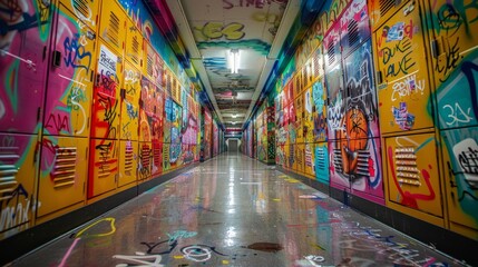A long hallway filled with graffiti on the walls, lockers adorned with colorful stickers, and...