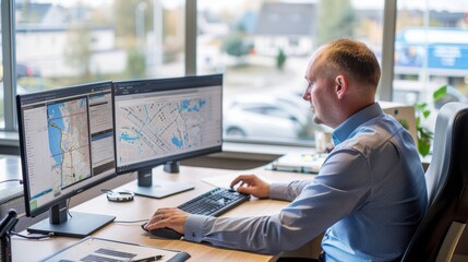 A man is seated at a desk, using a computer to analyze geographic data with maps on the screen - obrazy, fototapety, plakaty