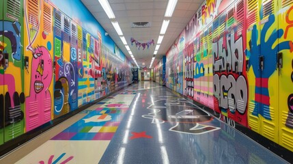 A vibrant hallway filled with rows of lockers adorned with colorful graffiti stickers and personal decorations
