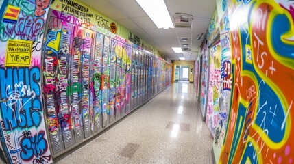 A hallway filled with colorful graffiti on the walls and lockers, creating a vibrant and expressive...
