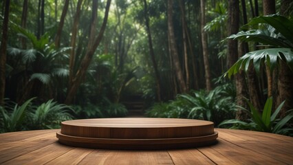 Obraz premium Modern wooden product podium display on a tropical forest background.