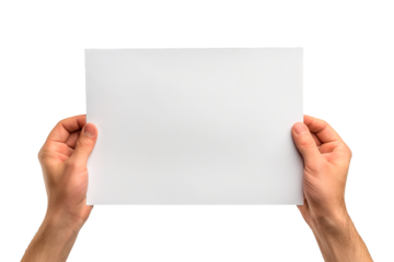 Front view of Male hands holding blank paper isolated on a cutout PNG transparent background. Copy space