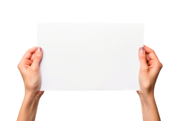 Front view of woman hands holding blank paper isolated on a clipped PNG transparent background. Copy space