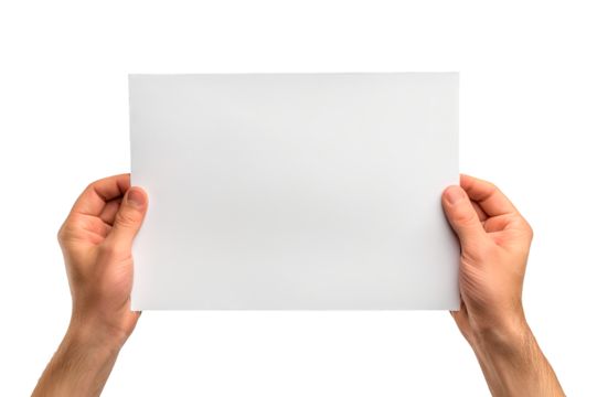Front view of Male hands holding blank paper isolated on a cutout PNG transparent background. Copy space