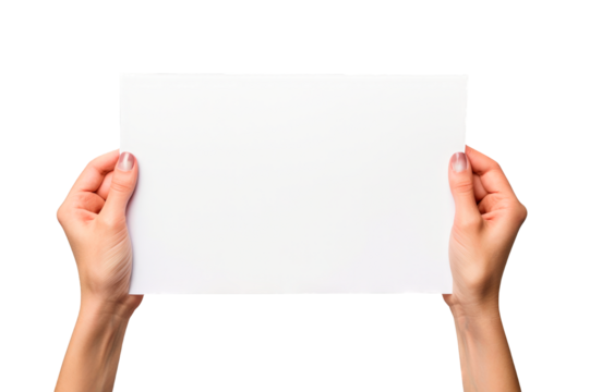 Front view of woman hands holding blank paper isolated on a clipped PNG transparent background. Copy space