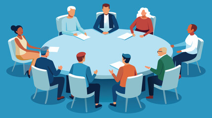  Discussion conference set. People of different ages sit and discuss on chairs around a round table. Pro Vector illustration..