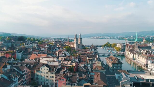 Aerial view of Zurich, Switzerland. Drone shot