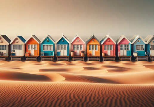 Eine Reihe bunter Sommerhäuser an einem Sandstrand, copy space