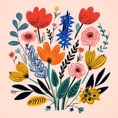 Flowers with decoration on white background an ultra minimal naive art mixed with folk art risograph print design