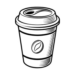 Disposable Paper Coffee cups with lid take away. Vector illustration. Black and white outline style.
